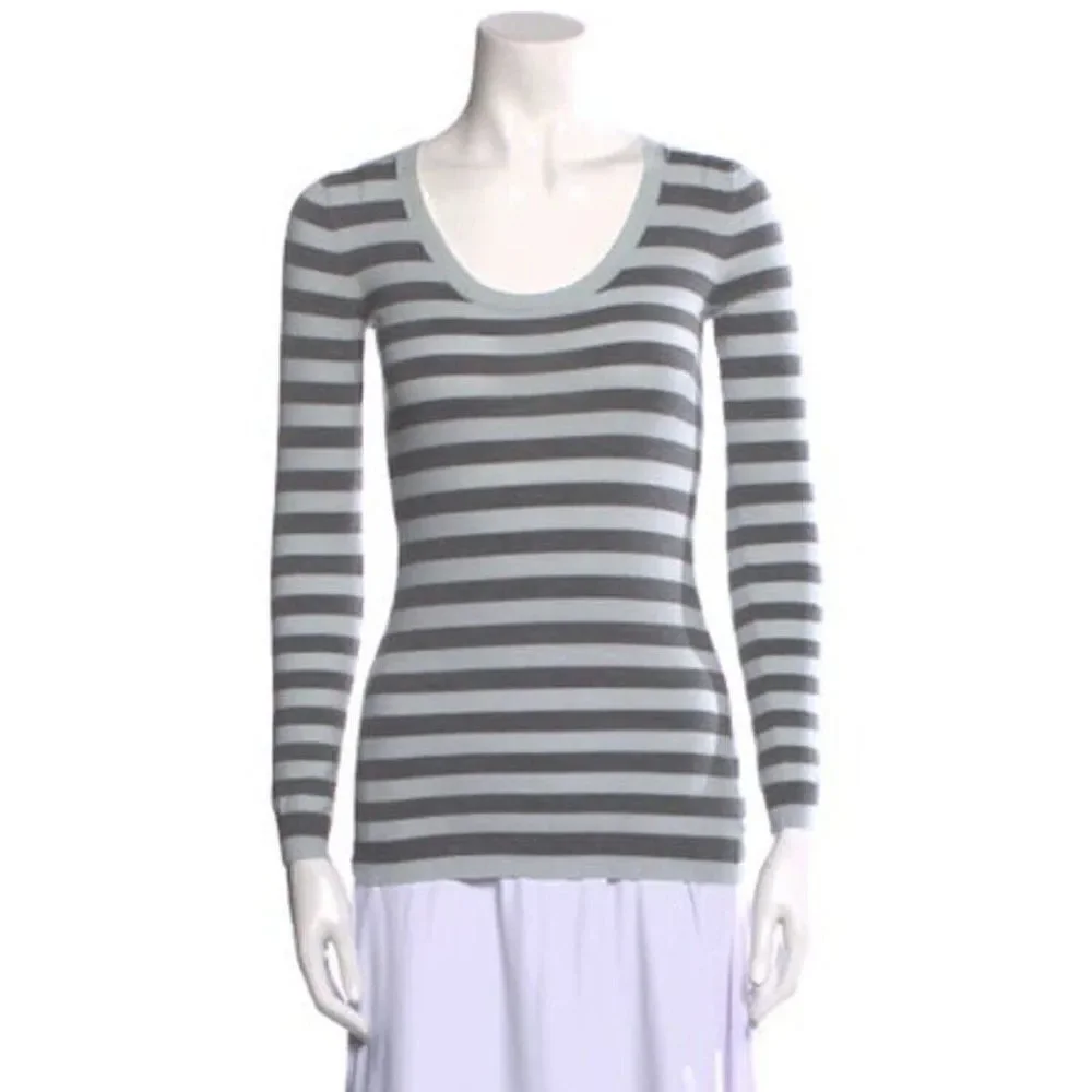 Theory Authentic Light Blue Gray Striped Long Sleeve Wool Top Sweater Small
